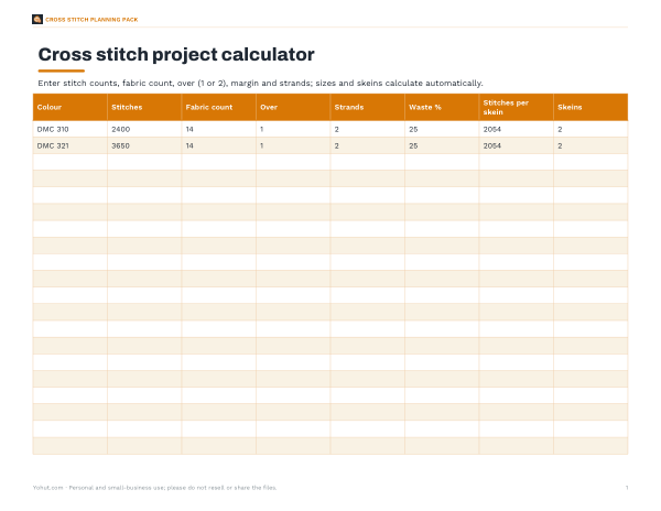 Preview of Cross Stitch Project Calculator Sheet